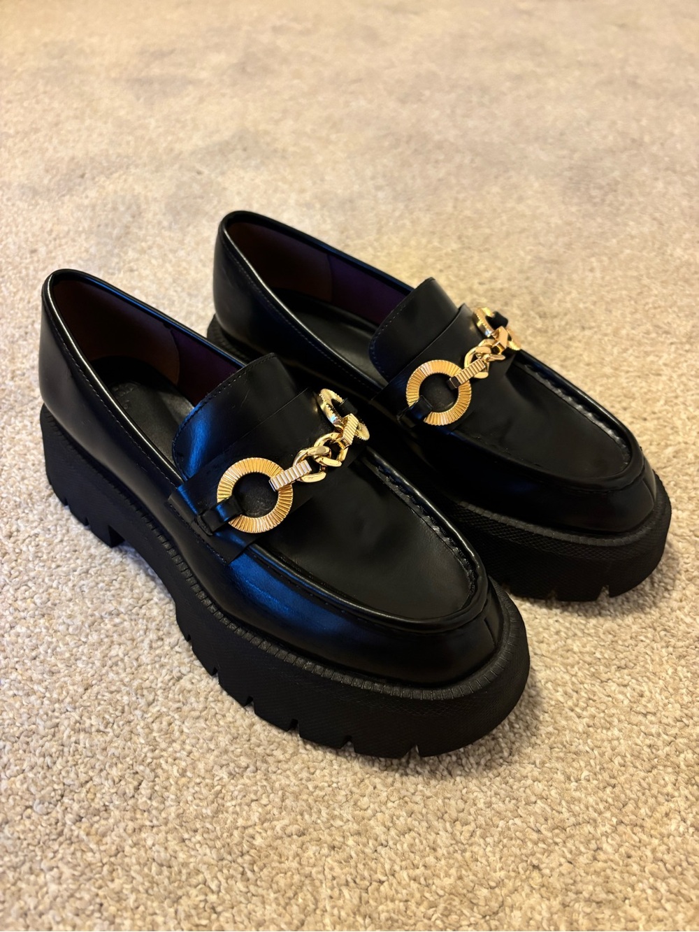 Zara Black Platform Loafers with Gold Chain Detail